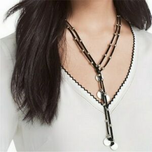 NWT WHBM Black Leather Lariat Necklace